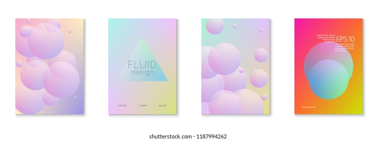 Fluid poster set with round shapes. Gradient circles on holographic background. Modern hipster template for placards, covers, banners, flyers, presentations, annual. Minimal fluid poster in neon color