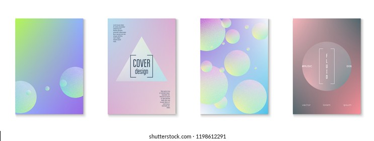 Fluid poster set with round shapes. Gradient circles on holographic background. Modern hipster template for placards, covers, banners, flyers, presentations, annual. Minimal fluid poster in neon color