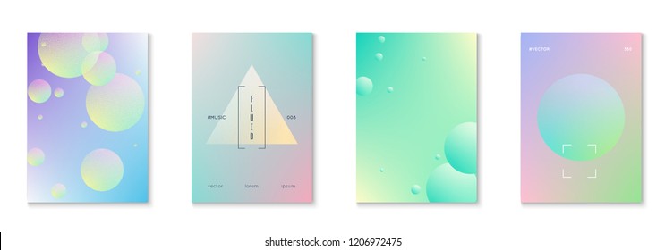 Fluid poster set with round shapes. Gradient circles on holographic background. Modern hipster template for placards, covers, banners, flyers, presentations, annual. Minimal fluid poster in neon color