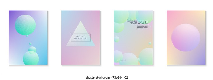Fluid poster set with round shapes. Gradient circles on holographic background. Modern hipster template for placards, covers, banners, flyers, presentations, annual. Minimal fluid poster in neon color
