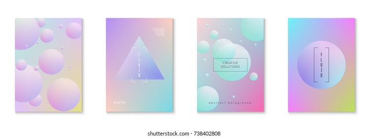 Fluid poster set with round shapes. Gradient circles on holographic background. Modern hipster template for placards, covers, banners, flyers, presentations, annual. Minimal fluid poster in neon color