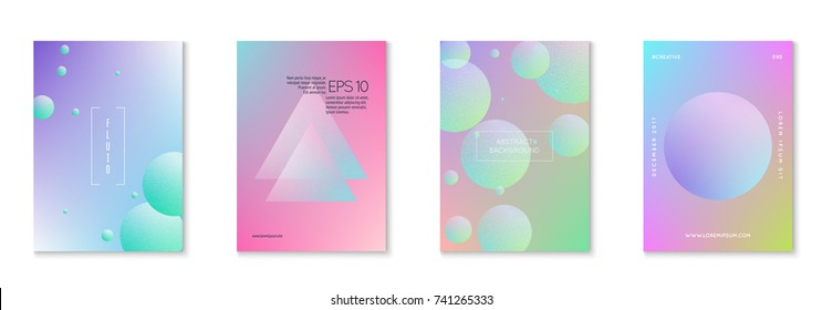 Fluid poster set with round shapes. Gradient circles on holographic background. Modern hipster template for placards, covers, banners, flyers, presentations, annual. Minimal fluid poster in neon color
