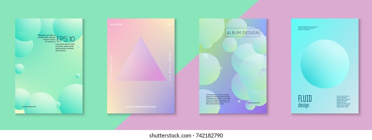 Fluid poster set with round shapes. Gradient circles on holographic background. Modern hipster template for placards, covers, banners, flyers, presentations, annual. Minimal fluid poster in neon color