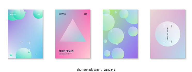 Fluid poster set with round shapes. Gradient circles on holographic background. Modern hipster template for placards, covers, banners, flyers, presentations, annual. Minimal fluid poster in neon color
