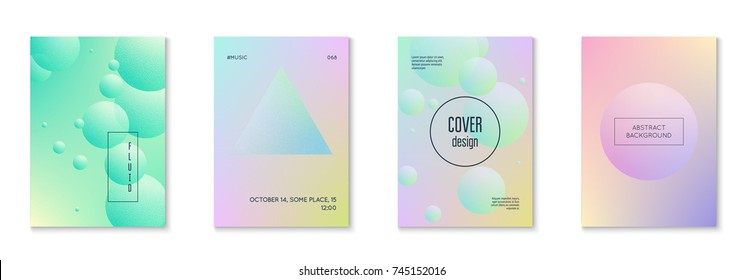 Fluid poster set with round shapes. Gradient circles on holographic background. Modern hipster template for placards, covers, banners, flyers, presentations, annual. Minimal fluid poster in neon color
