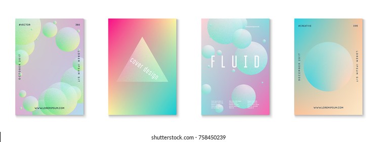 Fluid poster set with round shapes. Gradient circles on holographic background. Modern hipster template for placards, covers, banners, flyers, presentations, annual. Minimal fluid poster in neon color