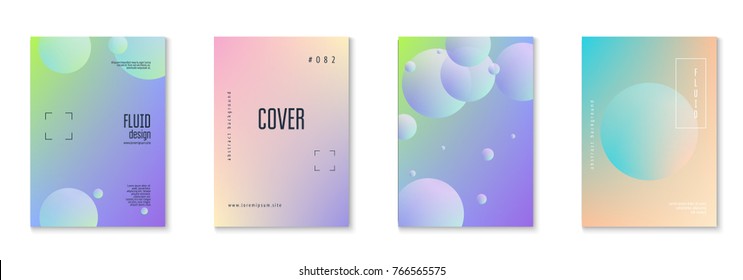 Fluid poster set with round shapes. Gradient circles on holographic background. Modern hipster template for placards, covers, banners, flyers, presentations, annual.  