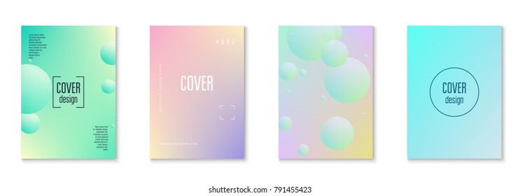 Fluid poster set with round shapes. Gradient circles on holographic background. Modern hipster template for placards, covers, banners, flyers, presentations, annual. Minimal fluid poster in neon color