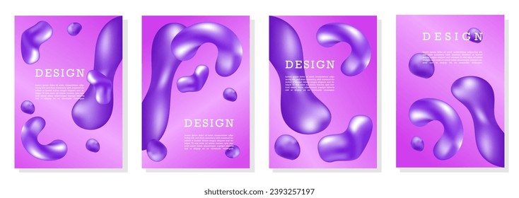 Fluid posters set. Violet liquid of organic shapes. Abstract creativity and art. Flyer and booklet. Spots and drips. Cartoon isometric vector collection isolated on white background