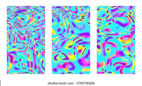 Fluid psychedelic background set. Vertical good vibes colorful templates, tropical posters and cover designs. Vivid paint on canvas, full hd size for story, wide presentation