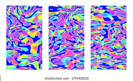 Fluid psychedelic background set. Vertical good vibes colorful templates, tropical posters and cover designs. Vivid paint on canvas, full hd size for story, wide presentation