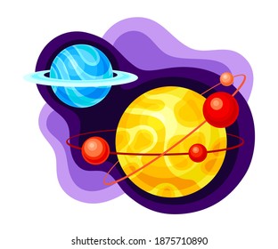 Fluid Purple Shape with Solar System Planet and Asteroid Vector Illustration