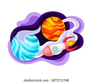 Fluid Purple Shape with Solar System Planet and Flying Space Ship Vector Illustration