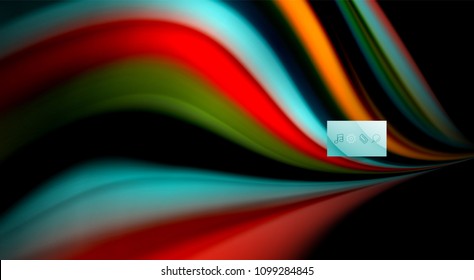Colores de arcoiris fluidos sobre fondo negro, líneas de onda vectorial y remolinos, ilustración artística para presentación, fondo de pantalla de aplicación, pancarta o afiche
