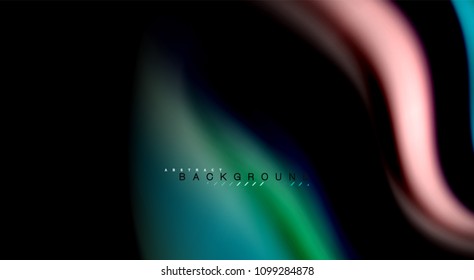 Colores de arcoiris fluidos sobre fondo negro, líneas de onda vectorial y remolinos, ilustración artística para presentación, fondo de pantalla de aplicación, pancarta o afiche