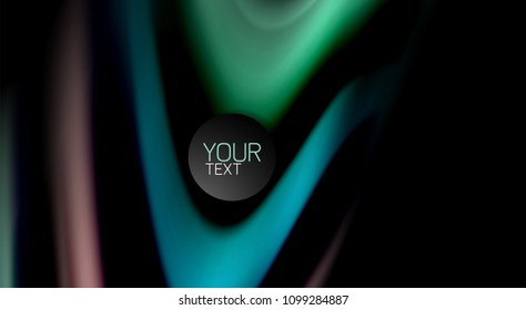 Colores de arcoiris fluidos sobre fondo negro, líneas de onda vectorial y remolinos, ilustración artística para presentación, fondo de pantalla de aplicación, pancarta o afiche