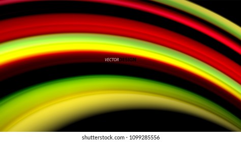 Flüssige Regenbogenfarben auf schwarzem Hintergrund, Vektorwellenlinien und -wirbel, künstlerische Illustration für Präsentationen, App-Tapeten, Banner oder Poster