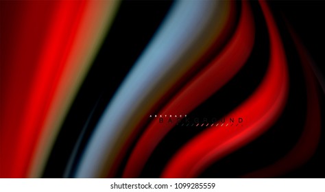 Colores de arcoiris fluidos sobre fondo negro, líneas de onda vectorial y remolinos, ilustración artística para presentación, fondo de pantalla de aplicación, pancarta o afiche