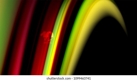 Flüssige Regenbogenfarben auf schwarzem Hintergrund, Vektorwellenlinien und -wirbel, künstlerische Illustration für Präsentationen, App-Tapeten, Banner oder Poster