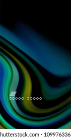 Colores de arcoiris fluidos sobre fondo negro, líneas de onda vectorial y remolinos, ilustración artística para presentación, fondo de pantalla de aplicación, pancarta o afiche