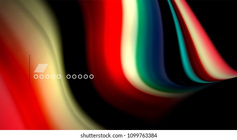 Fluid rainbow colors on black background, vector wave lines and swirls, artistic illustration for presentation, app wallpaper, banner or poster
