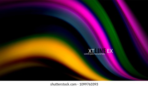 Fluid rainbow colors on black background, vector wave lines and swirls, artistic illustration for presentation, app wallpaper, banner or poster