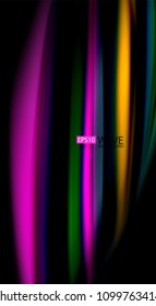 Colores de arcoiris fluidos sobre fondo negro, líneas de onda vectorial y remolinos, ilustración artística para presentación, fondo de pantalla de aplicación, pancarta o afiche