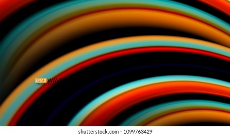 Fluid rainbow colors on black background, vector wave lines and swirls, artistic illustration for presentation, app wallpaper, banner or poster