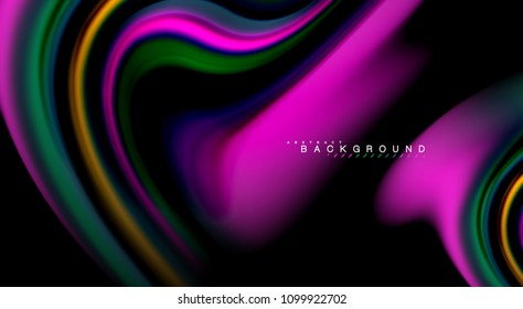 Fluid rainbow colors on black background, vector wave lines and swirls, artistic illustration for presentation, app wallpaper, banner or poster