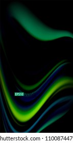 Fluid rainbow colors on black background, vector wave lines and swirls, artistic illustration for presentation, app wallpaper, banner or poster