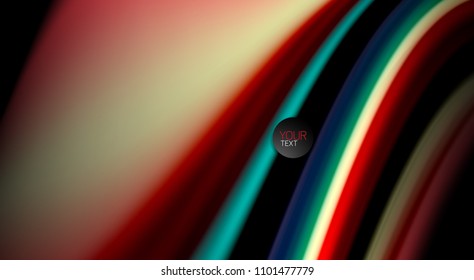 Colores de arcoiris fluidos sobre fondo negro, líneas de onda vectorial y remolinos, ilustración artística para presentación, fondo de pantalla de aplicación, pancarta o afiche