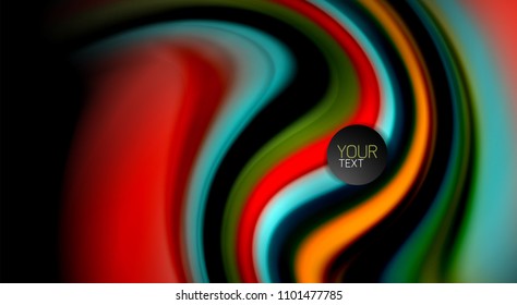 Cores de arco-íris fluidas em fundo preto, linhas de onda vetorial e redemoinhos, ilustração artística para apresentação, papel de parede do aplicativo, banner ou cartaz
