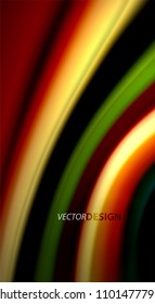 Flüssige Regenbogenfarben auf schwarzem Hintergrund, Vektorwellenlinien und -wirbel, künstlerische Illustration für Präsentationen, App-Tapeten, Banner oder Poster
