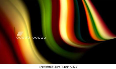 Fluid rainbow colors on black background, vector wave lines and swirls, artistic illustration for presentation, app wallpaper, banner or poster