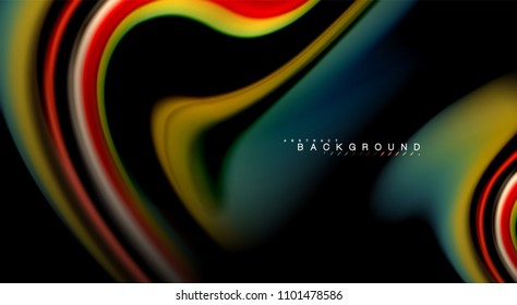 Fluid rainbow colors on black background, vector wave lines and swirls, artistic illustration for presentation, app wallpaper, banner or poster