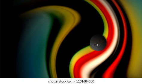 Colores de arcoiris fluidos sobre fondo negro, líneas de onda vectorial y remolinos, ilustración artística para presentación, fondo de pantalla de aplicación, pancarta o afiche
