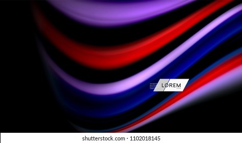Colores de arcoiris fluidos sobre fondo negro, líneas de onda vectorial y remolinos, ilustración artística para presentación, fondo de pantalla de aplicación, pancarta o afiche