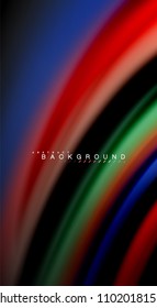 Colores de arcoiris fluidos sobre fondo negro, líneas de onda vectorial y remolinos, ilustración artística para presentación, fondo de pantalla de aplicación, pancarta o afiche