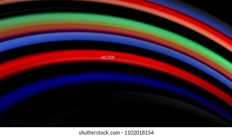 Fluid rainbow colors on black background, vector wave lines and swirls, artistic illustration for presentation, app wallpaper, banner or poster