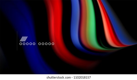 Colores de arcoiris fluidos sobre fondo negro, líneas de onda vectorial y remolinos, ilustración artística para presentación, fondo de pantalla de aplicación, pancarta o afiche