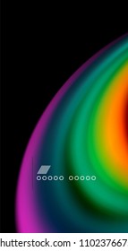 Colores de arcoiris fluidos sobre fondo negro, líneas de onda vectorial y remolinos, ilustración artística para presentación, fondo de pantalla de aplicación, pancarta o afiche