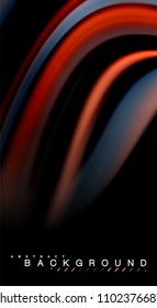 Colores de arcoiris fluidos sobre fondo negro, líneas de onda vectorial y remolinos, ilustración artística para presentación, fondo de pantalla de aplicación, pancarta o afiche