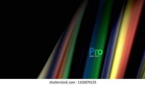 Fluid rainbow colors on black background, vector wave lines and swirls, artistic illustration for presentation, app wallpaper, banner or poster