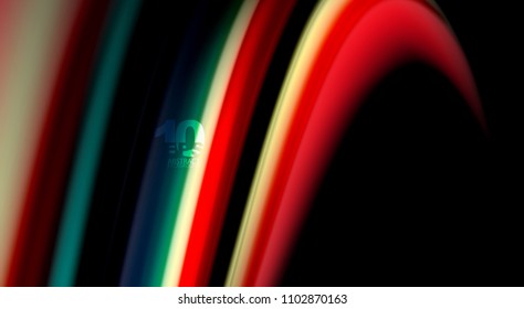 Flüssige Regenbogenfarben auf schwarzem Hintergrund, Vektorwellenlinien und -wirbel, künstlerische Illustration für Präsentationen, App-Tapeten, Banner oder Poster