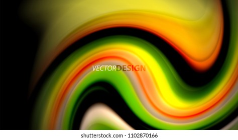 Fluid rainbow colors on black background, vector wave lines and swirls, artistic illustration for presentation, app wallpaper, banner or poster
