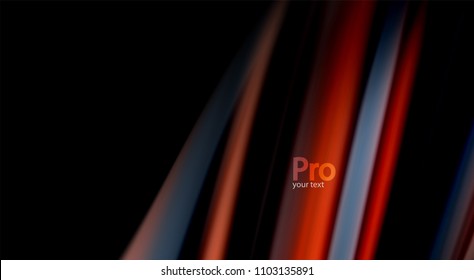 Colores de arcoiris fluidos sobre fondo negro, líneas de onda vectorial y remolinos, ilustración artística para presentación, fondo de pantalla de aplicación, pancarta o afiche