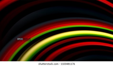 Fluid rainbow colors on black background, vector wave lines and swirls, artistic illustration for presentation, app wallpaper, banner or poster