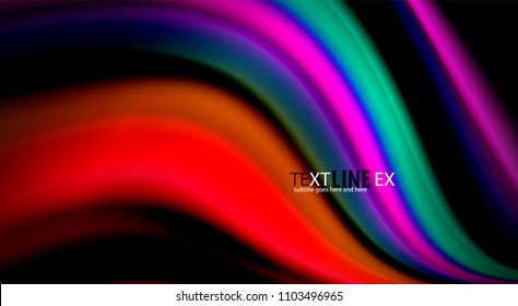 Fluid rainbow colors on black background, vector wave lines and swirls, artistic illustration for presentation, app wallpaper, banner or poster