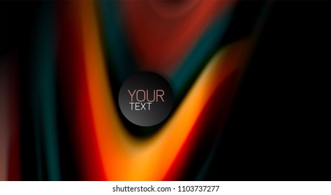 Fluid rainbow colors on black background, vector wave lines and swirls, artistic illustration for presentation, app wallpaper, banner or poster