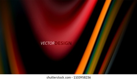 Colores de arcoiris fluidos sobre fondo negro, líneas de onda vectorial y remolinos, ilustración artística para presentación, fondo de pantalla de aplicación, pancarta o afiche